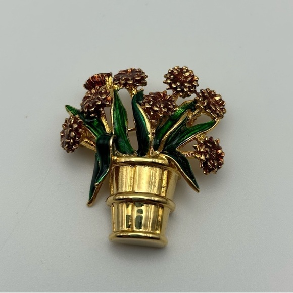 Vintage Planted Enamel Brown Flowers in Gold Tone Pot Brooch Green Thumb - Picture 2 of 5